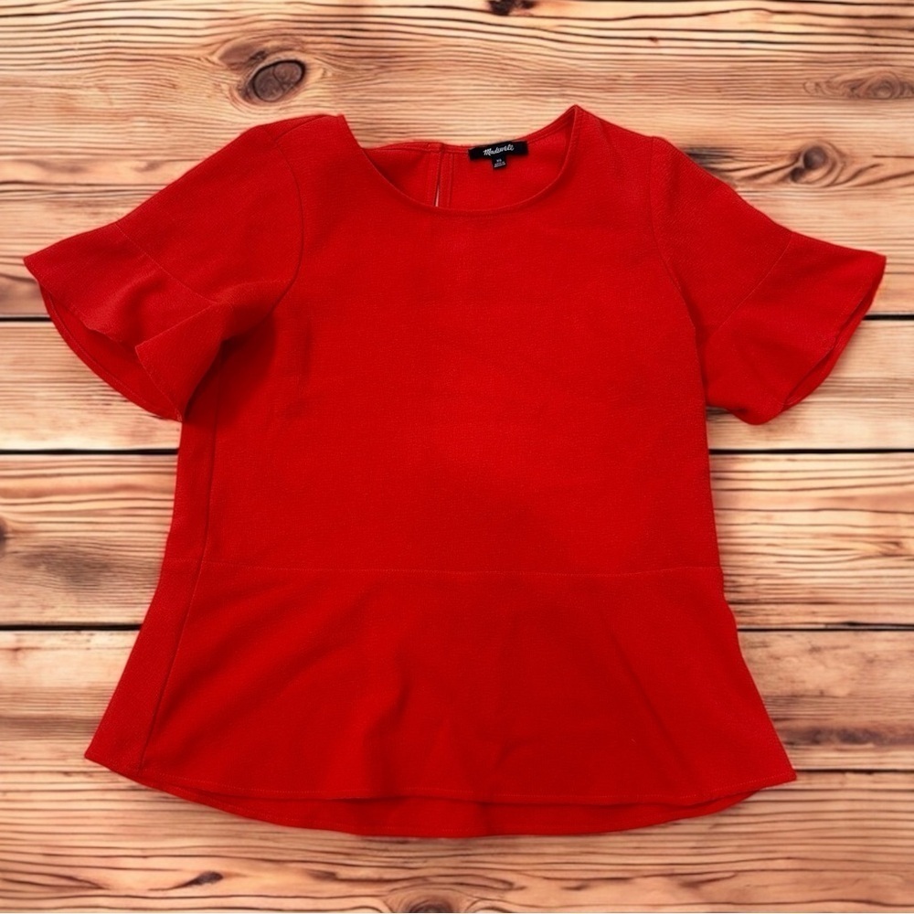 Madewell Red Short Sleeve Textured Peplum Blouse | XS